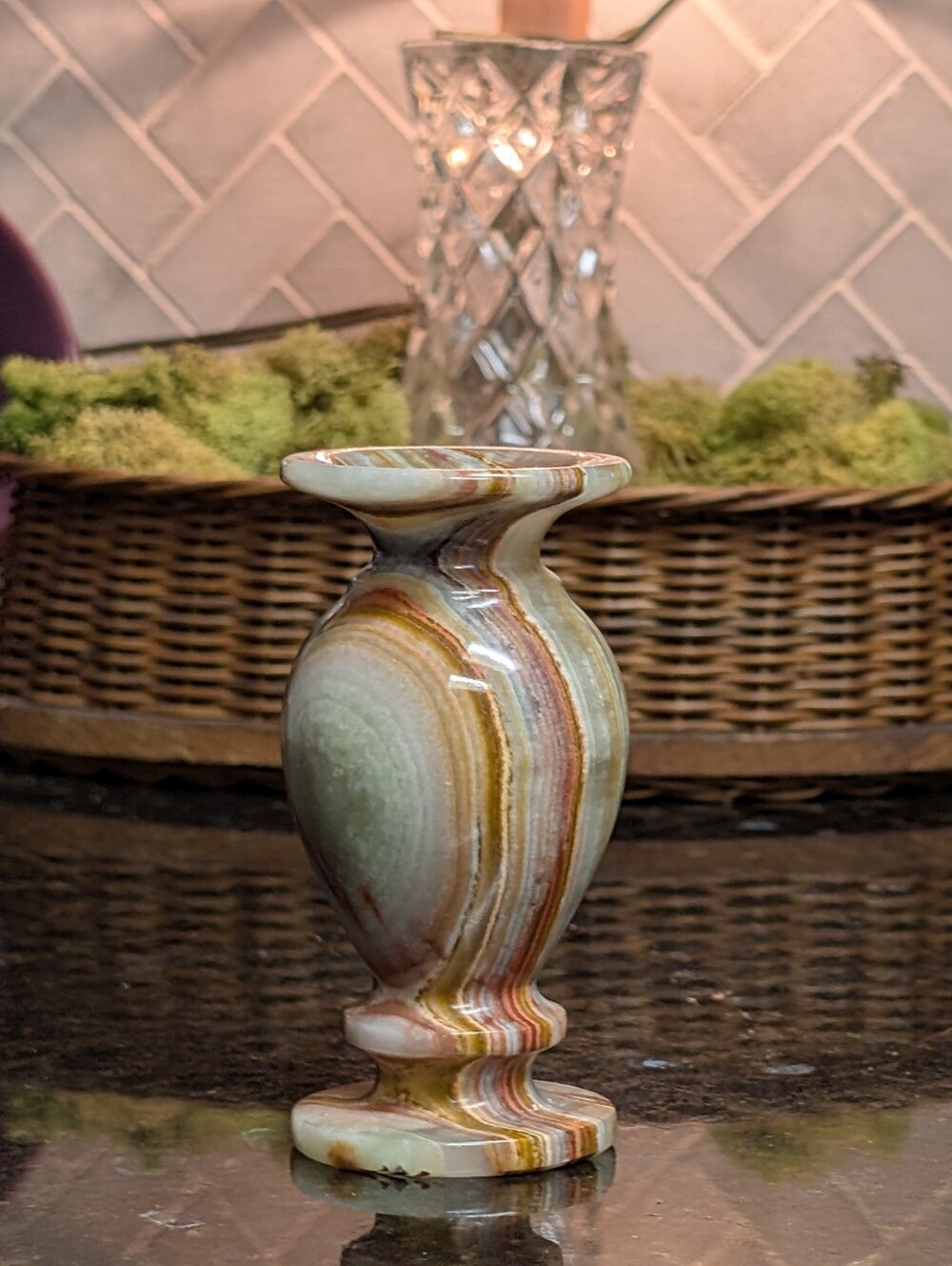 Vintage Hand-Carved Onyx Mini Bud Vase in Green/Tan/Rust